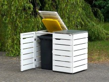 2er Mülltonnenbox / Mülltonnenverkleidung 240 L, Oberfläche: Weiß, mit Edelstahl-Deckel & Gasdruckfedern