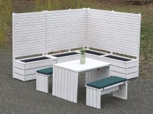 Pflanzkasten Ecke mit Sichtschutz + Pflanzkasten Holz L mit Sichtschutz + Gartenmöbel Holz Set 1 / Oberfläche: Transparent Weiß